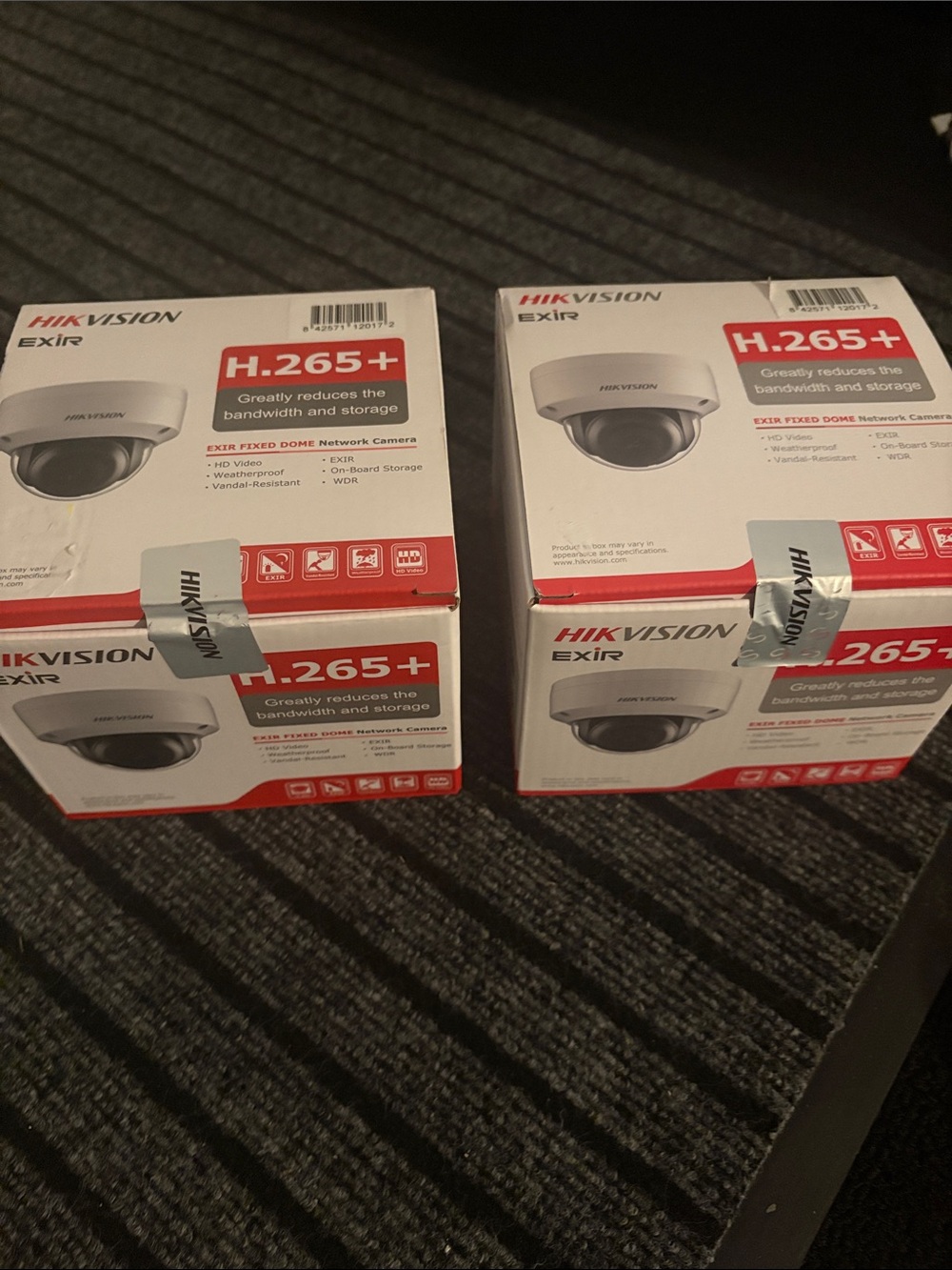 2 Hikvision White Dome Security Cameras with Red Accents (Boxed)